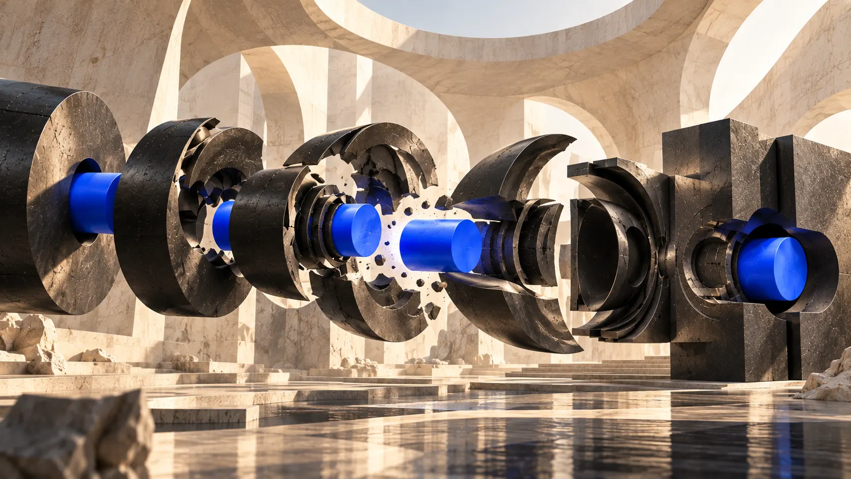A cobalt cylinder suspended between two fractured stone housings