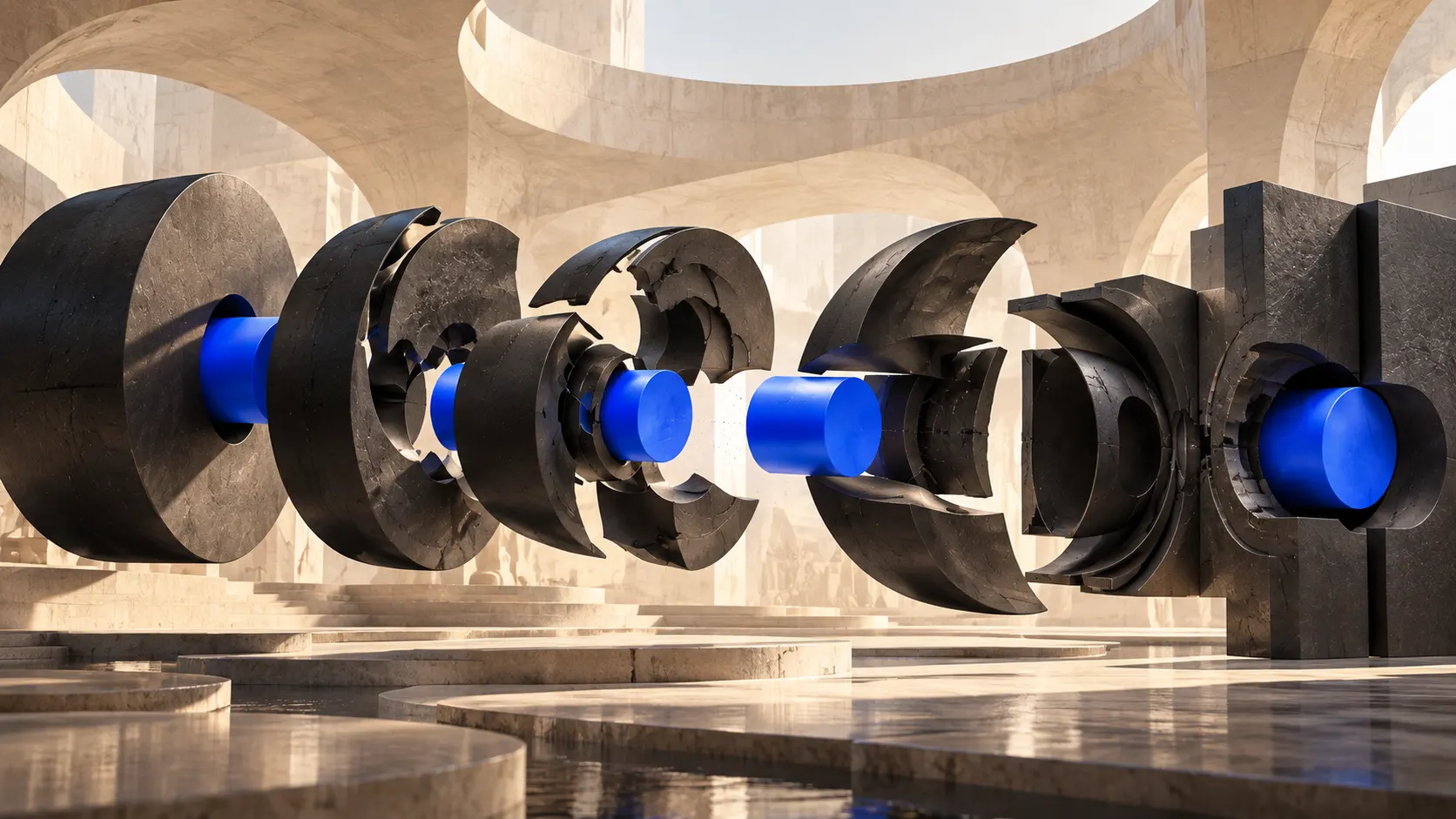 Black stone rings separated along a cobalt axis in a marble courtyard